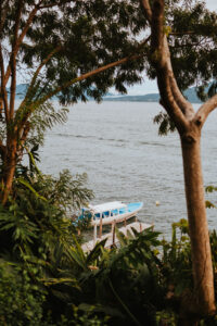 A lancha parked at a dock on Lake Atitlan Guatemala