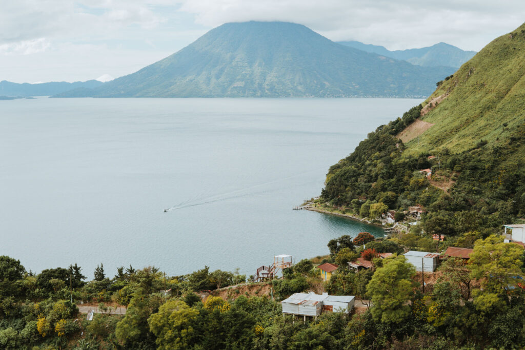 View over Lake Atitlan and Volcano from Cafe Sabor Cruceno, Santa Cruz, Guatemala