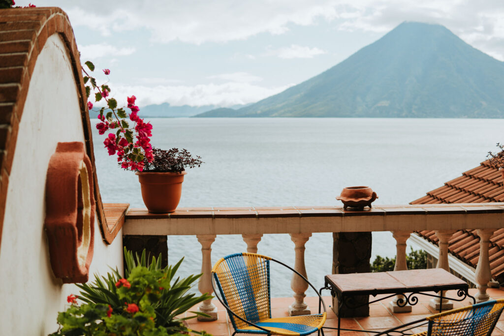 Scenic view of Lake Atitlan from La Casa Del Mundo's terrace