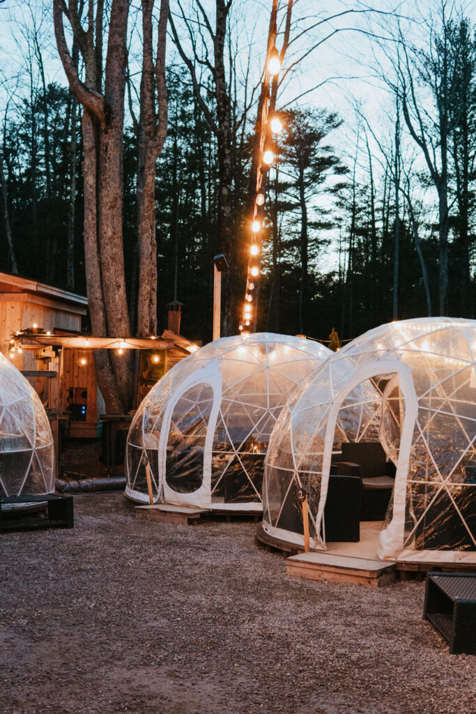 Igloos at Hop Lot in Suttons Bay with fairy lights